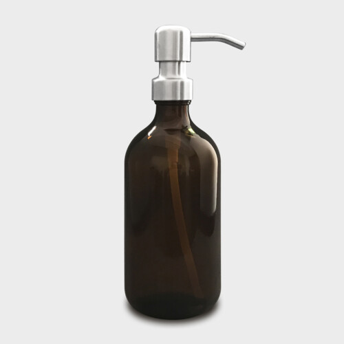 Amber glass bottle with brushed stainless steel pump