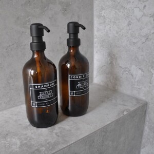 Glass bottles with matte black pumps