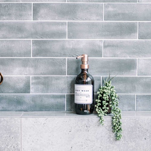 Amber glass soap dispenser with copper pump